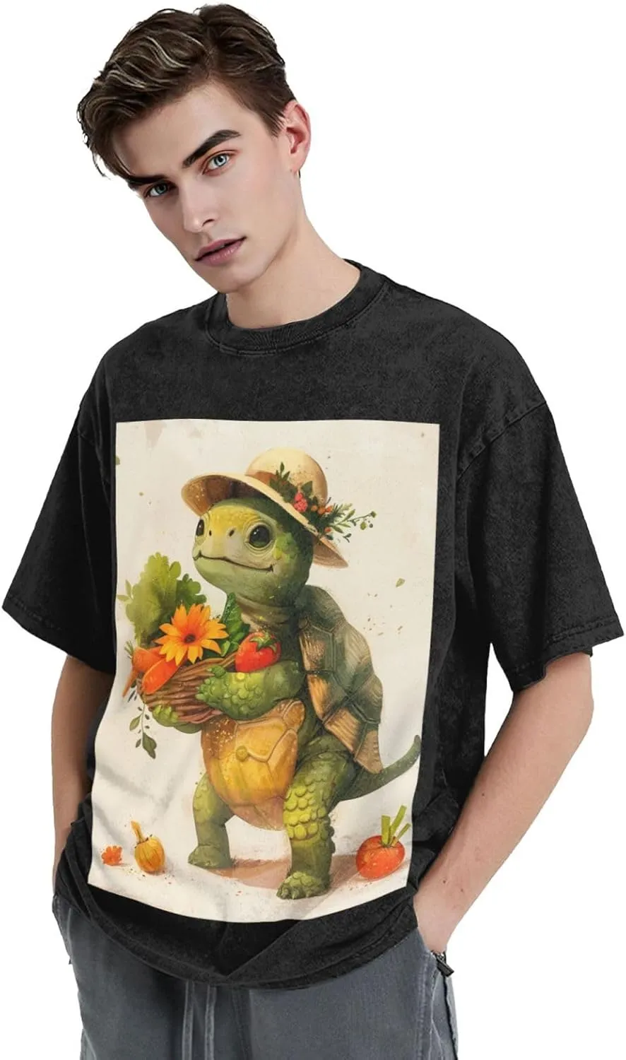 Men's Cotton T-Shirts A Cartoon Turtle Short Sleeve Vintage T Shirts Casual Loose Fit Retro Tees Tops