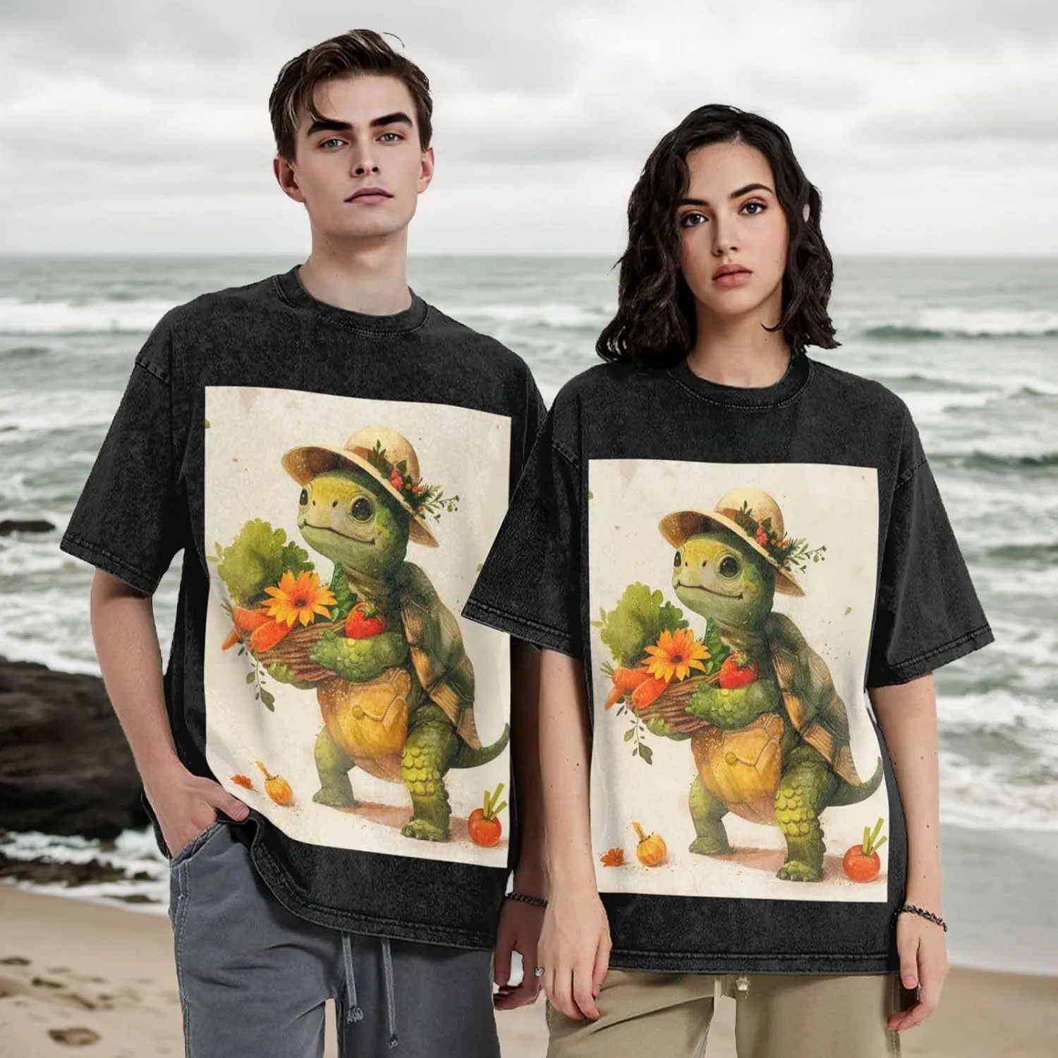 Men's Cotton T-Shirts A Cartoon Turtle Short Sleeve Vintage T Shirts Casual Loose Fit Retro Tees Tops