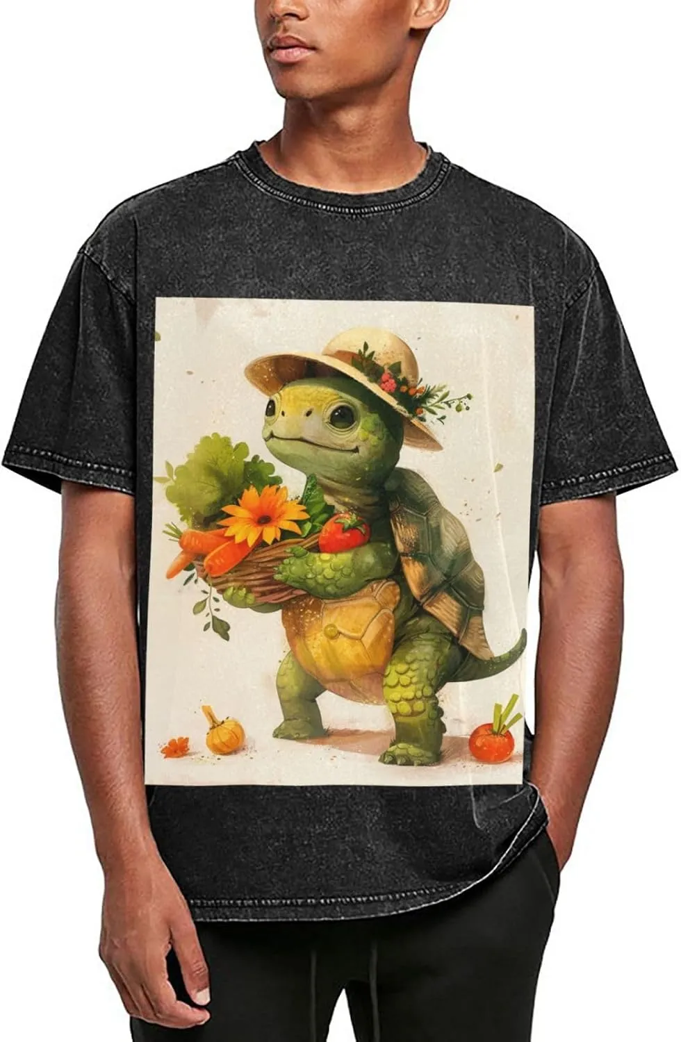 Men's Cotton T-Shirts A Cartoon Turtle Short Sleeve Vintage T Shirts Casual Loose Fit Retro Tees Tops
