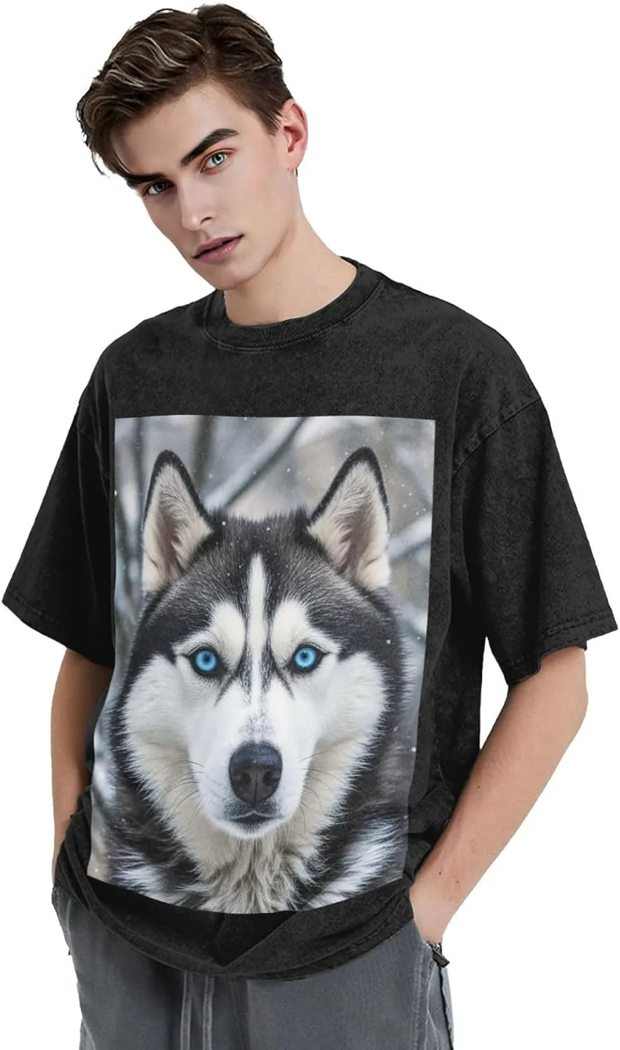 Men's Cotton T-Shirts Blue Eyed Husky Short Sleeve Vintage T Shirts Casual Loose Fit Retro Tees Tops