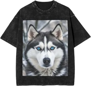 Men's Cotton T-Shirts Blue Eyed Husky Short Sleeve Vintage T Shirts Casual Loose Fit Retro Tees Tops
