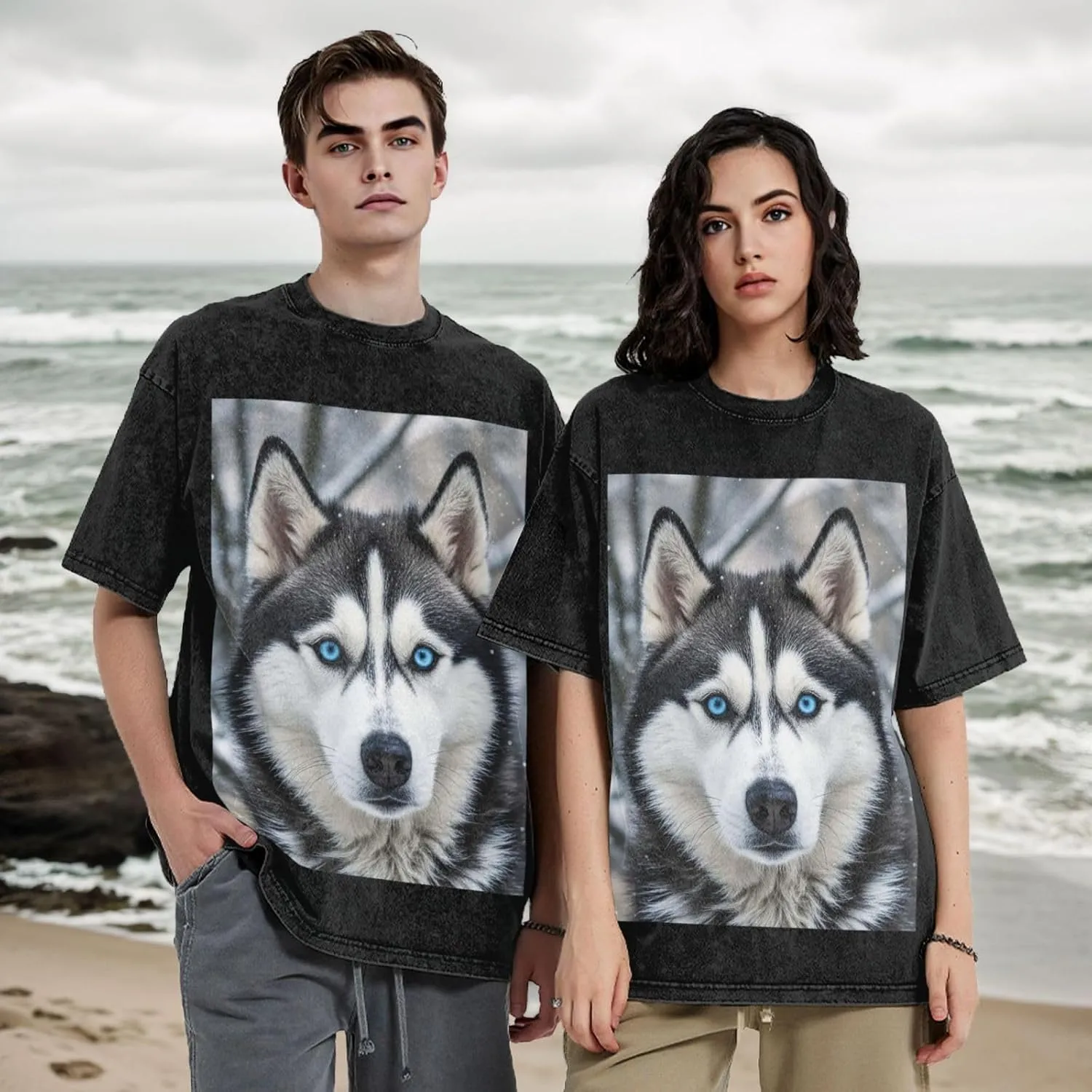 Men's Cotton T-Shirts Blue Eyed Husky Short Sleeve Vintage T Shirts Casual Loose Fit Retro Tees Tops