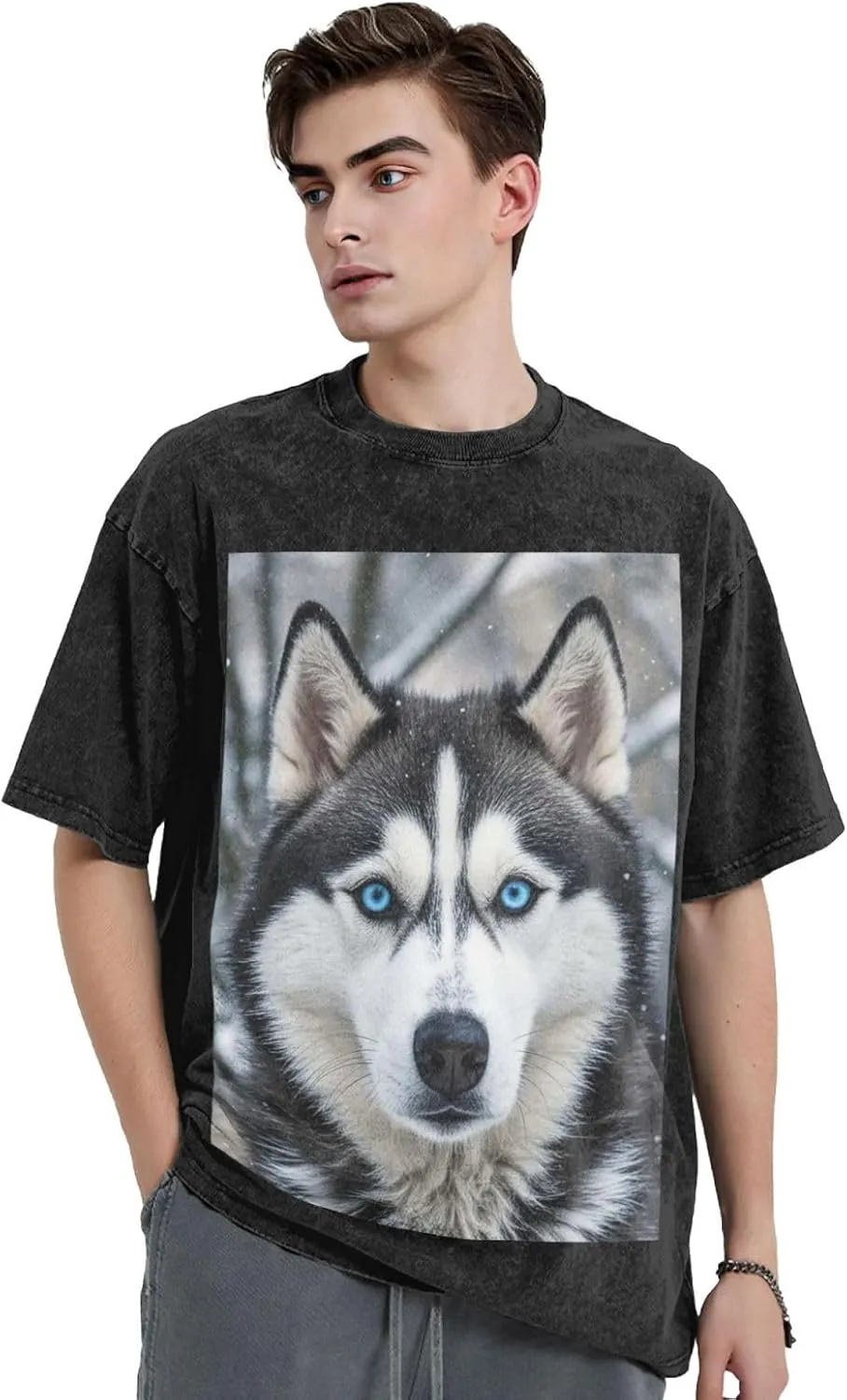 Men's Cotton T-Shirts Blue Eyed Husky Short Sleeve Vintage T Shirts Casual Loose Fit Retro Tees Tops