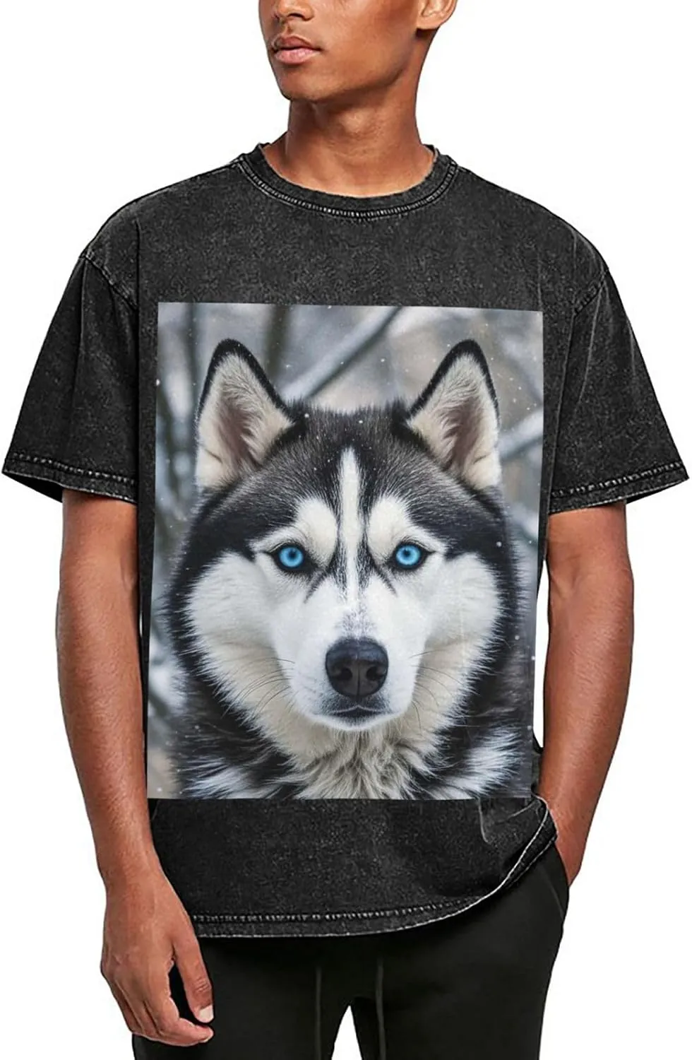 Men's Cotton T-Shirts Blue Eyed Husky Short Sleeve Vintage T Shirts Casual Loose Fit Retro Tees Tops