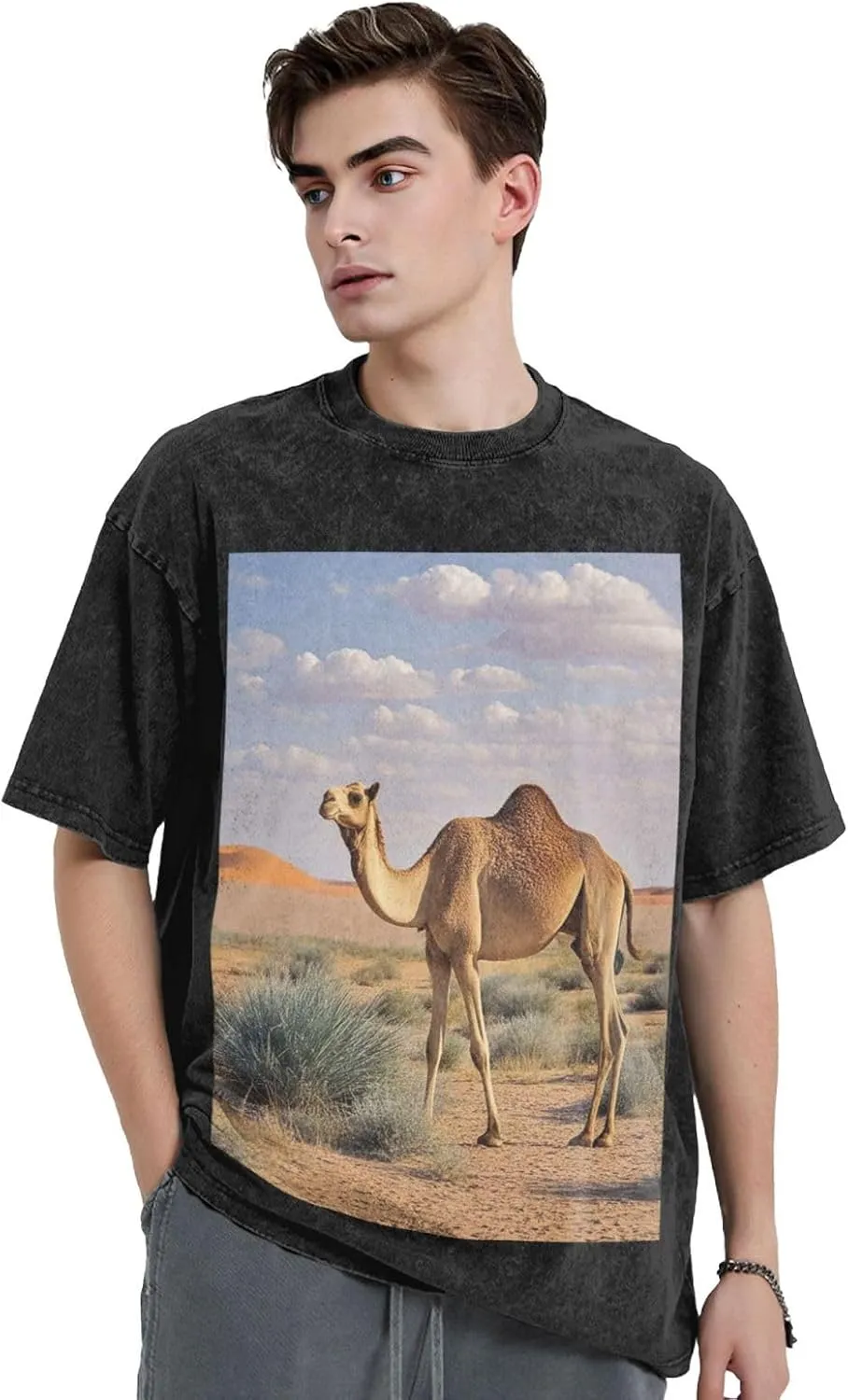 Men's Cotton T-Shirts Camels Rest Desert Short Sleeve Vintage T Shirts Casual Loose Fit Retro Tees Tops