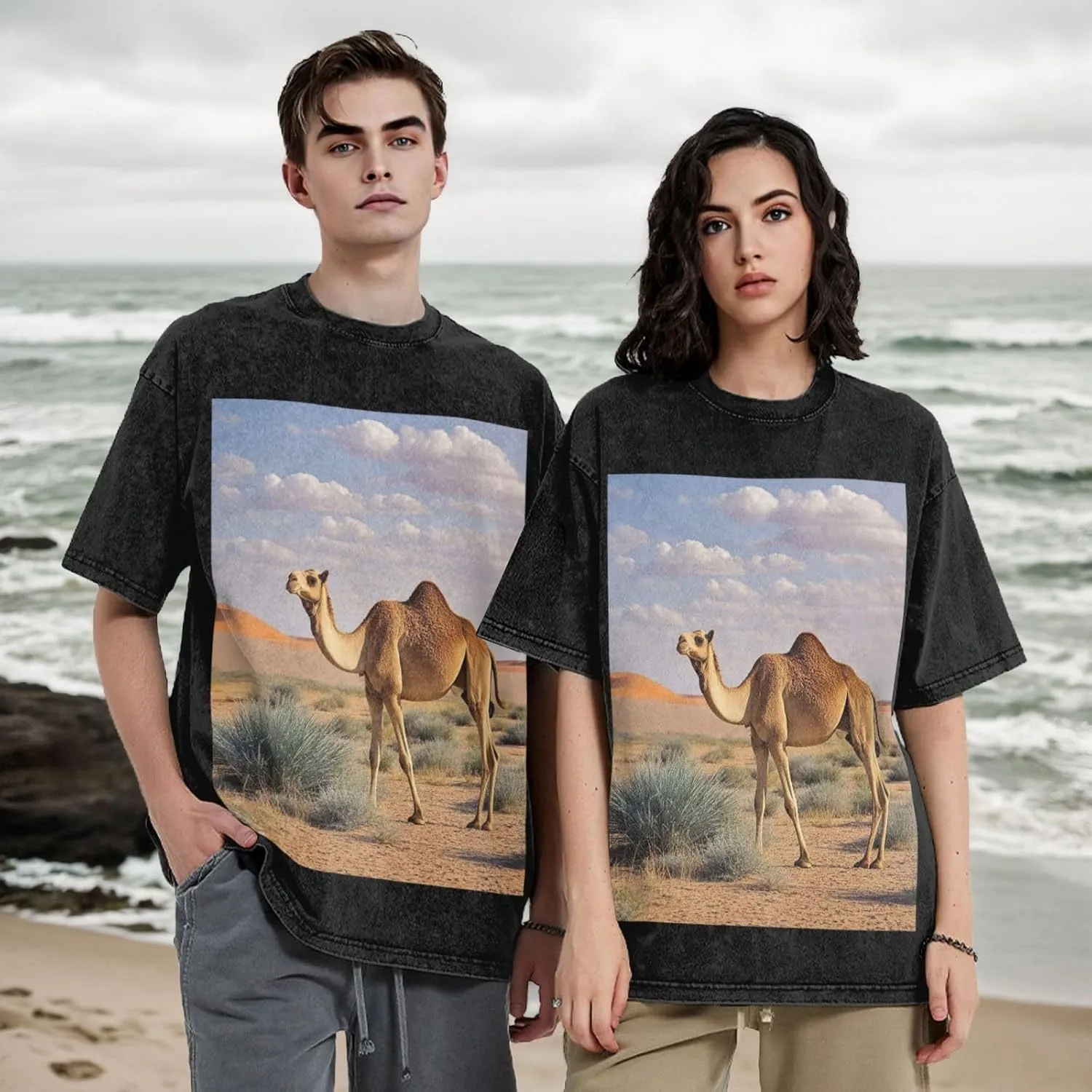 Men's Cotton T-Shirts Camels Rest Desert Short Sleeve Vintage T Shirts Casual Loose Fit Retro Tees Tops