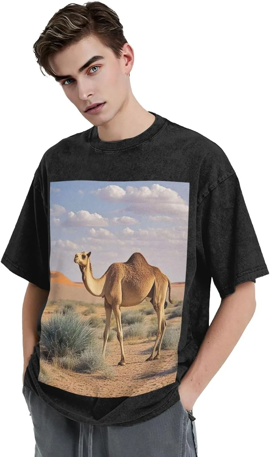 Men's Cotton T-Shirts Camels Rest Desert Short Sleeve Vintage T Shirts Casual Loose Fit Retro Tees Tops