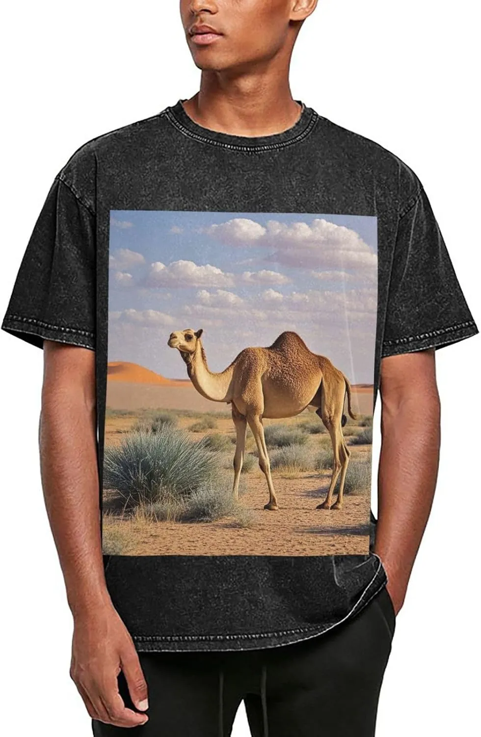 Men's Cotton T-Shirts Camels Rest Desert Short Sleeve Vintage T Shirts Casual Loose Fit Retro Tees Tops