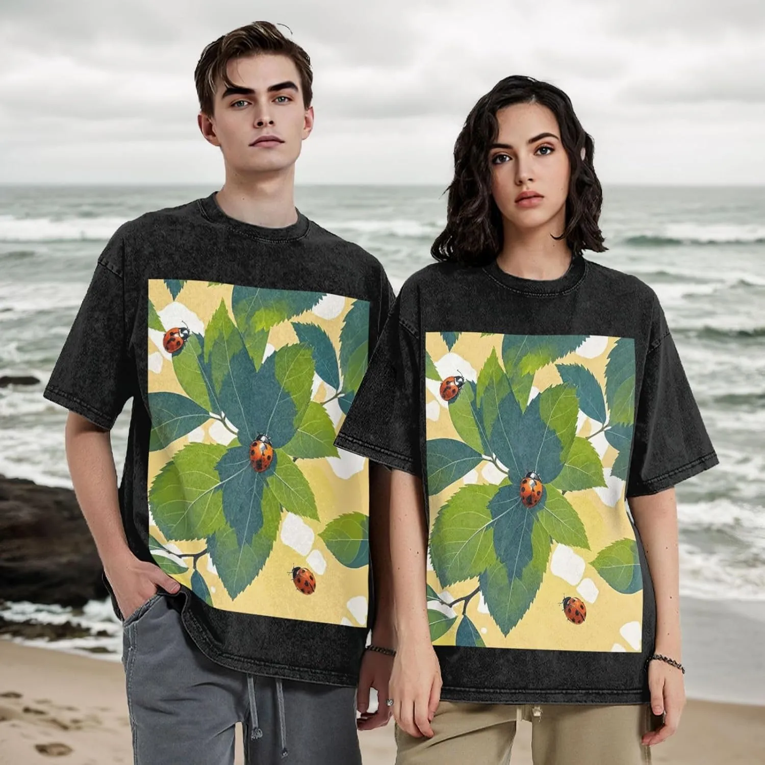 Men's Cotton T-Shirts Leaves and Ladybugs Short Sleeve Vintage T Shirts Casual Loose Fit Retro Tees Tops