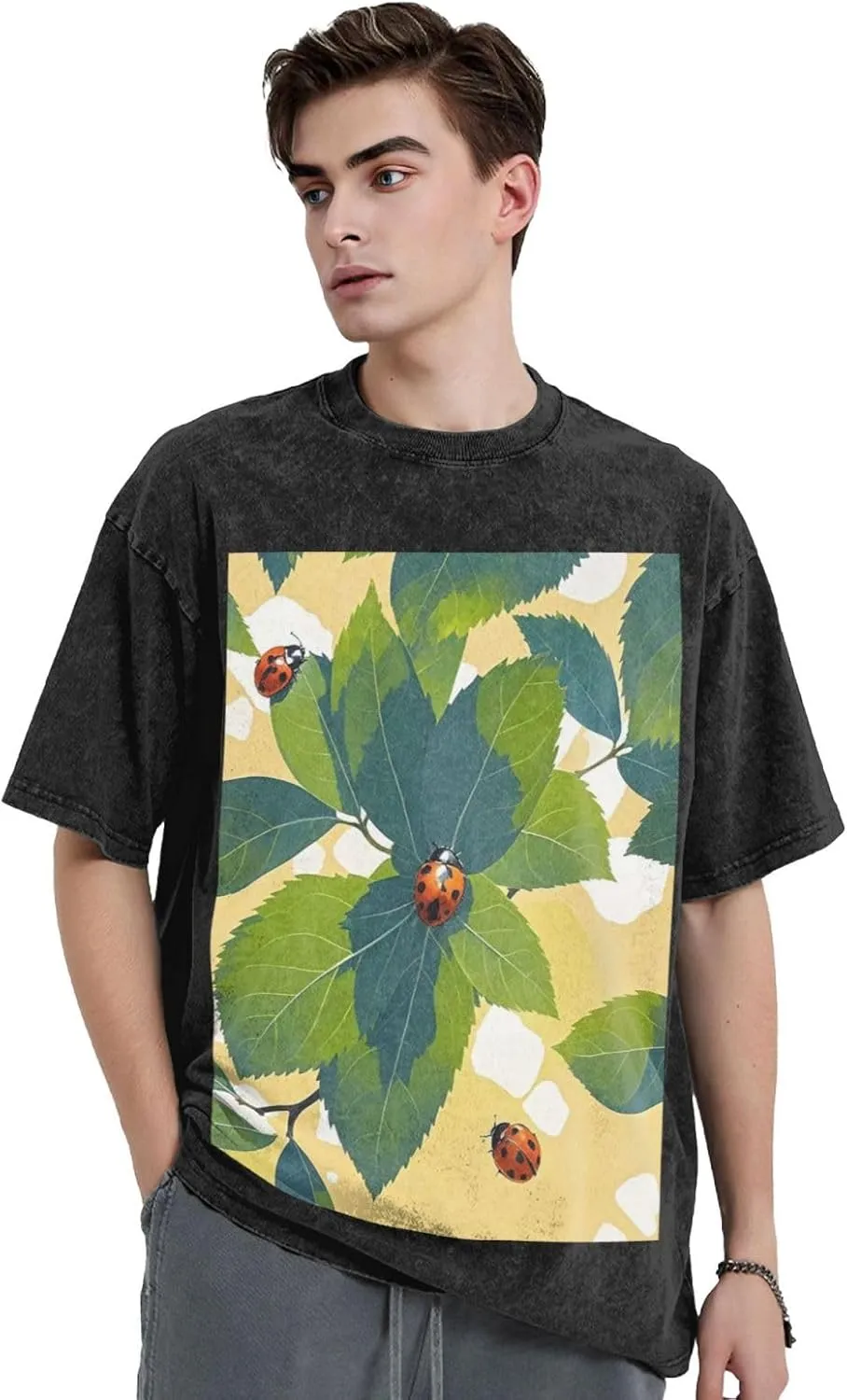 Men's Cotton T-Shirts Leaves and Ladybugs Short Sleeve Vintage T Shirts Casual Loose Fit Retro Tees Tops