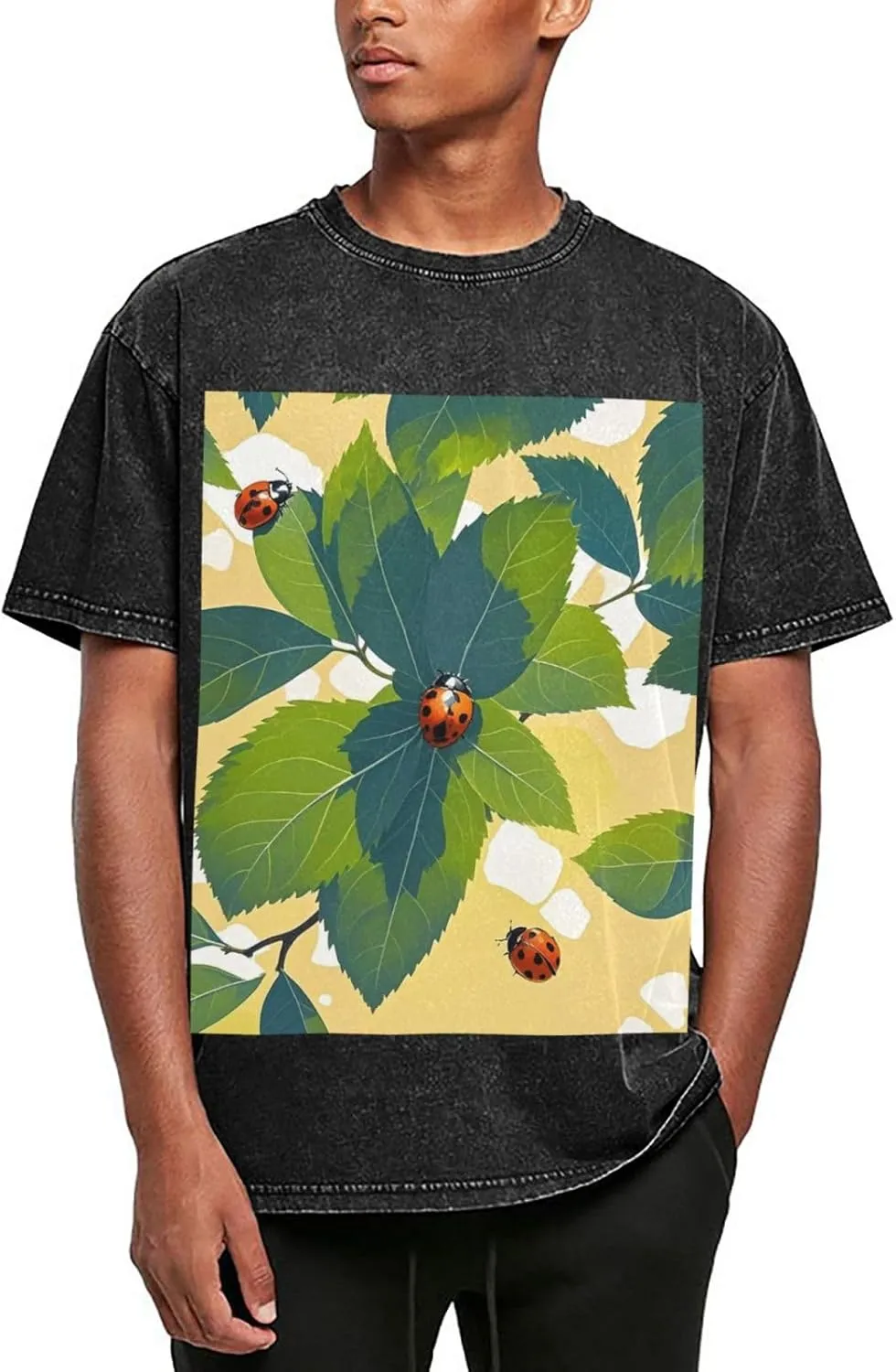 Men's Cotton T-Shirts Leaves and Ladybugs Short Sleeve Vintage T Shirts Casual Loose Fit Retro Tees Tops