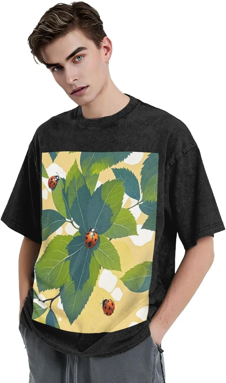 Men's Cotton T-Shirts Leaves and Ladybugs Short Sleeve Vintage T Shirts Casual Loose Fit Retro Tees Tops