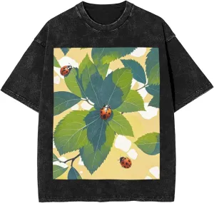Men's Cotton T-Shirts Leaves and Ladybugs Short Sleeve Vintage T Shirts Casual Loose Fit Retro Tees Tops