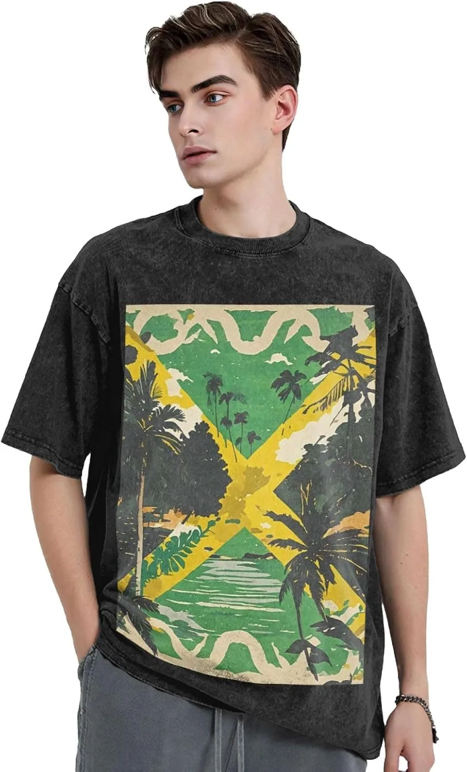 Men's Cotton T-Shirts Vintage Jamaican Flag Short Sleeve Vintage T Shirts Casual Loose Fit Retro Tees Tops