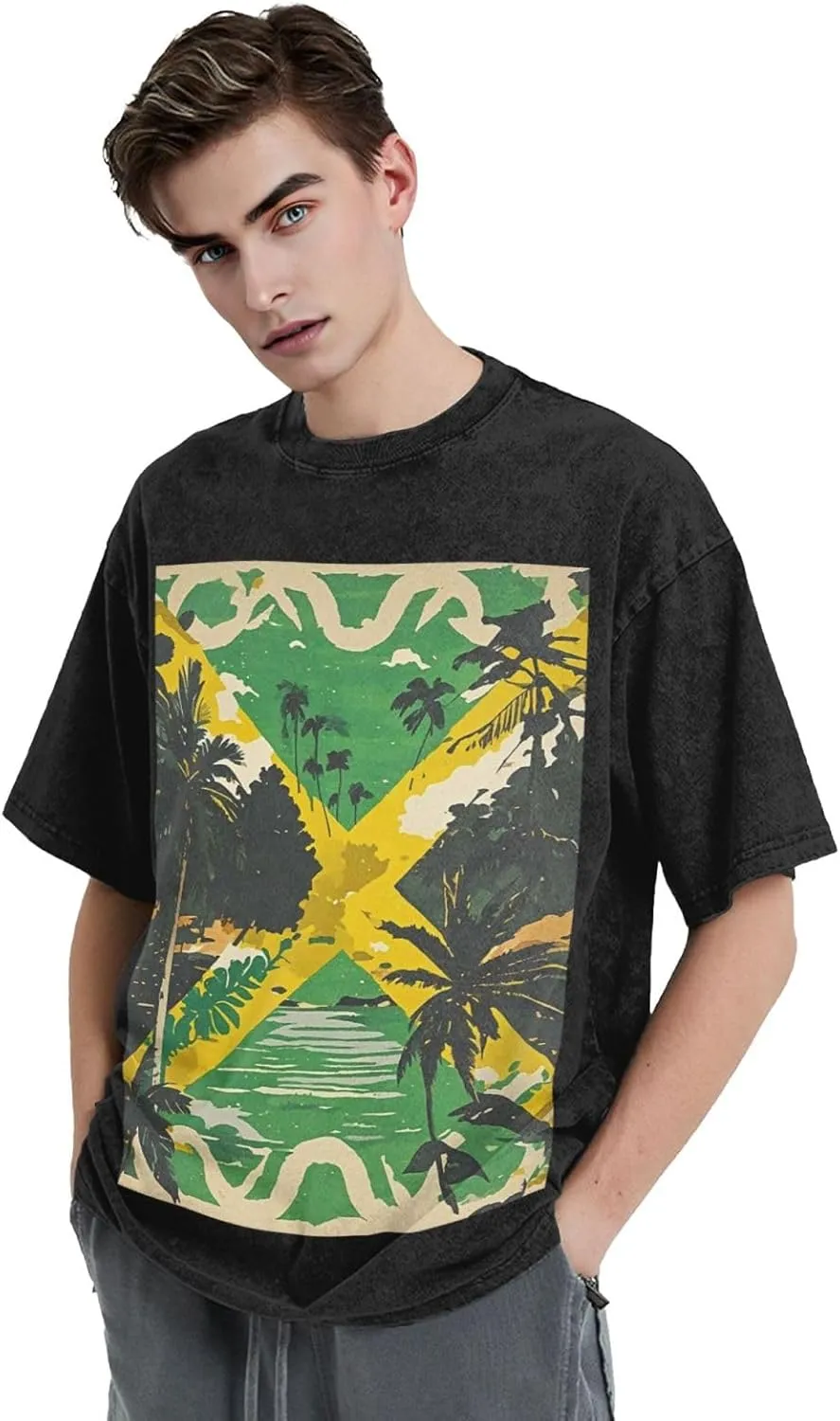 Men's Cotton T-Shirts Vintage Jamaican Flag Short Sleeve Vintage T Shirts Casual Loose Fit Retro Tees Tops