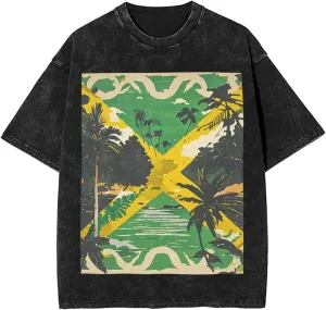 Men's Cotton T-Shirts Vintage Jamaican Flag Short Sleeve Vintage T Shirts Casual Loose Fit Retro Tees Tops