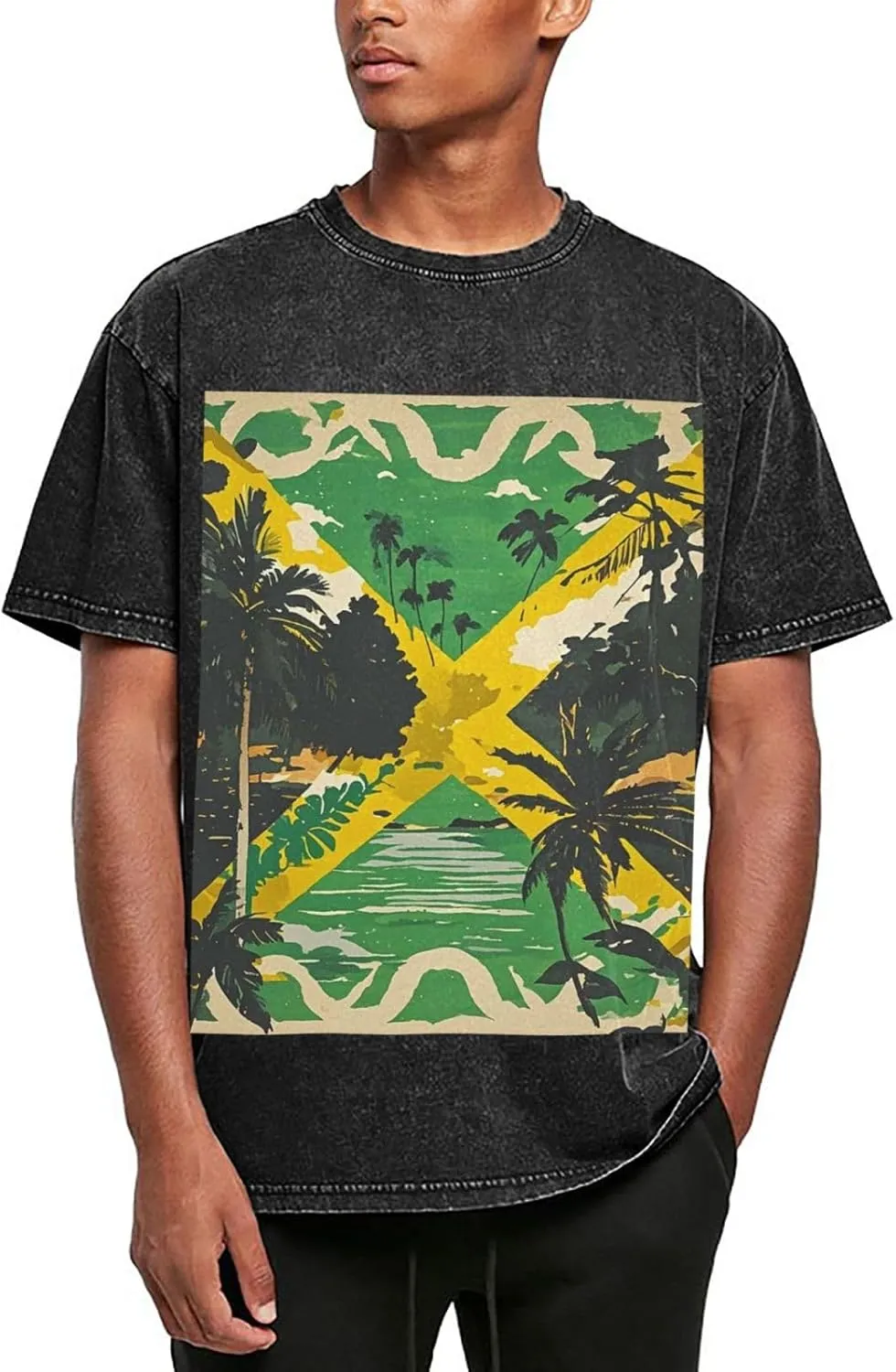Men's Cotton T-Shirts Vintage Jamaican Flag Short Sleeve Vintage T Shirts Casual Loose Fit Retro Tees Tops
