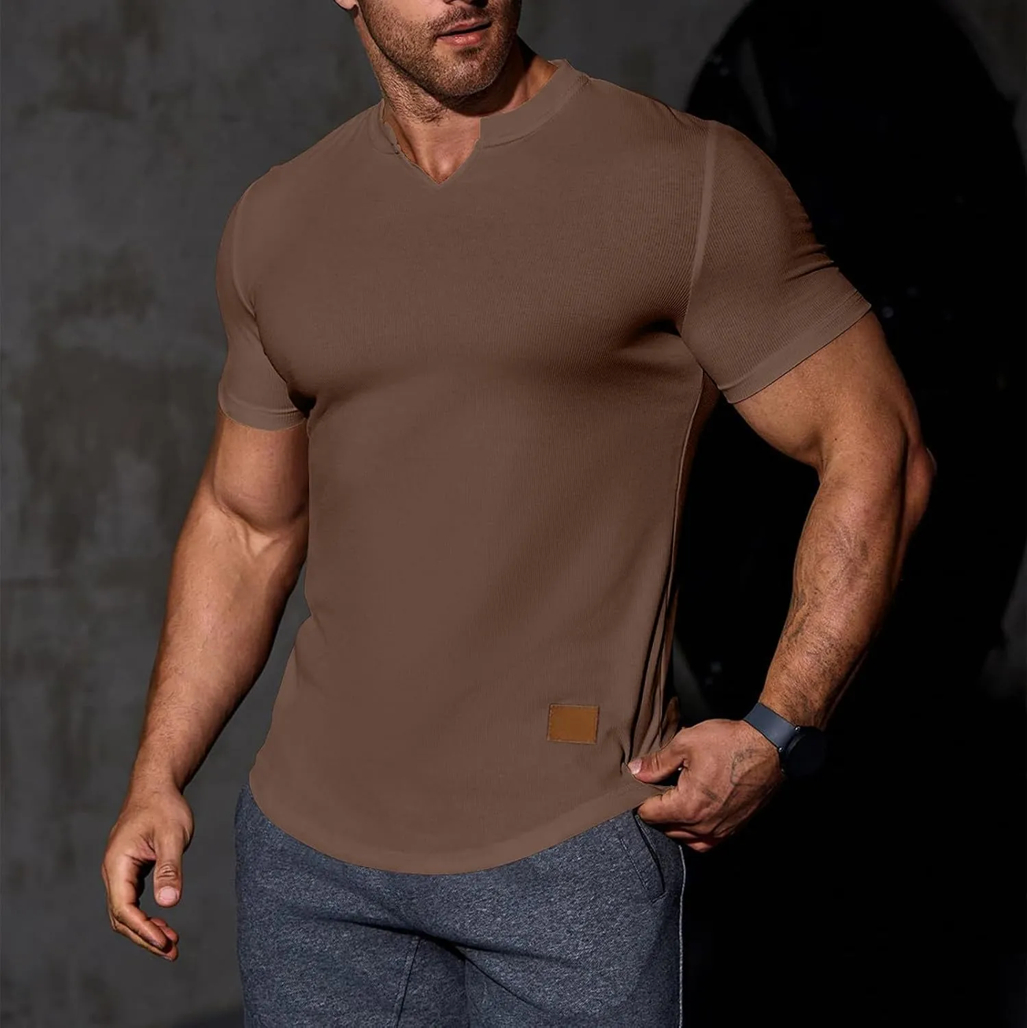 Men's Fashion Ribbed V Neck T Shirts Side Slit Hem Gym Training Workout Tunic Tops Summer Casual Short Sleeve Tees