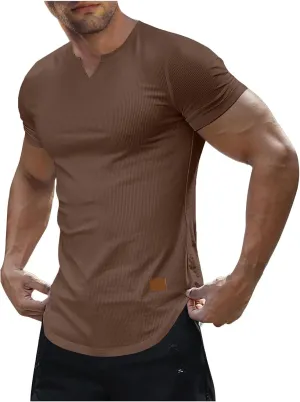Men's Fashion Ribbed V Neck T Shirts Side Slit Hem Gym Training Workout Tunic Tops Summer Casual Short Sleeve Tees