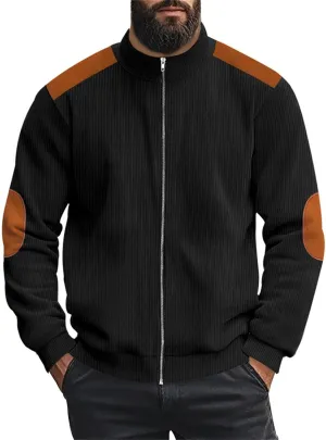 Mens Full Zip Jacket Corduroy Long Sleeve Stand Collar Jackets Loose Fit Casual Ribbed Sweatshirt Bomber Varsity Coat
