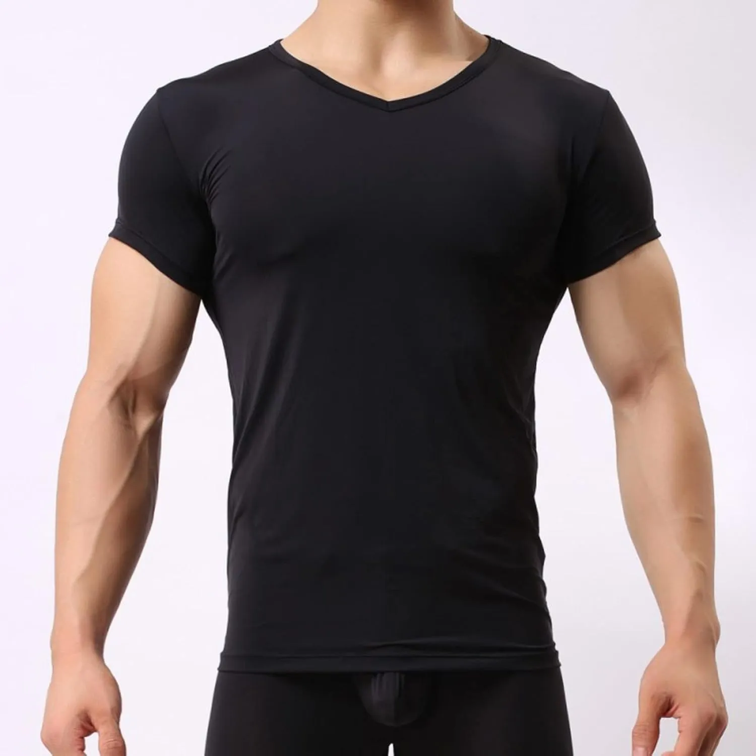Mens Ice Silk Short Sleeve T Shirt Ultrathin Tight Translucent Summer Fashion Shaping Top Home Wear Underlay N