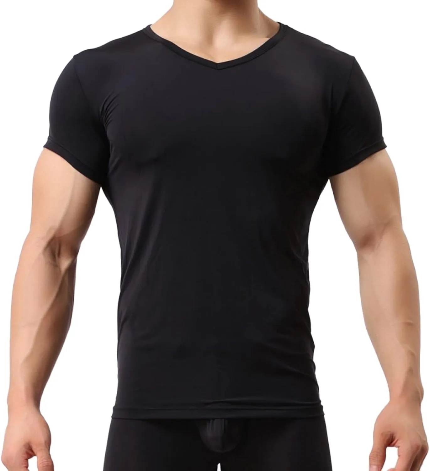 Mens Ice Silk Short Sleeve T Shirt Ultrathin Tight Translucent Summer Fashion Shaping Top Home Wear Underlay N