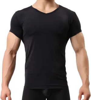 Mens Ice Silk Short Sleeve T Shirt Ultrathin Tight Translucent Summer Fashion Shaping Top Home Wear Underlay N