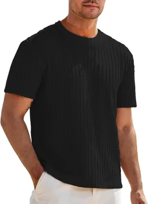 Mens Knit Striped T Shirts Short Sleeve Crewneck Stretch Ribbed Textured Shirts Casual Summer Athletic Solid Tee Tops