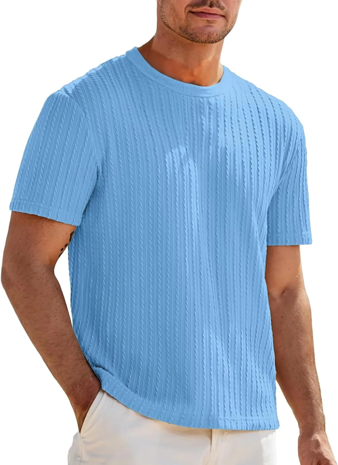 Mens Knit Striped T Shirts Short Sleeve Crewneck Stretch Ribbed Textured Shirts Casual Summer Athletic Solid Tee Tops