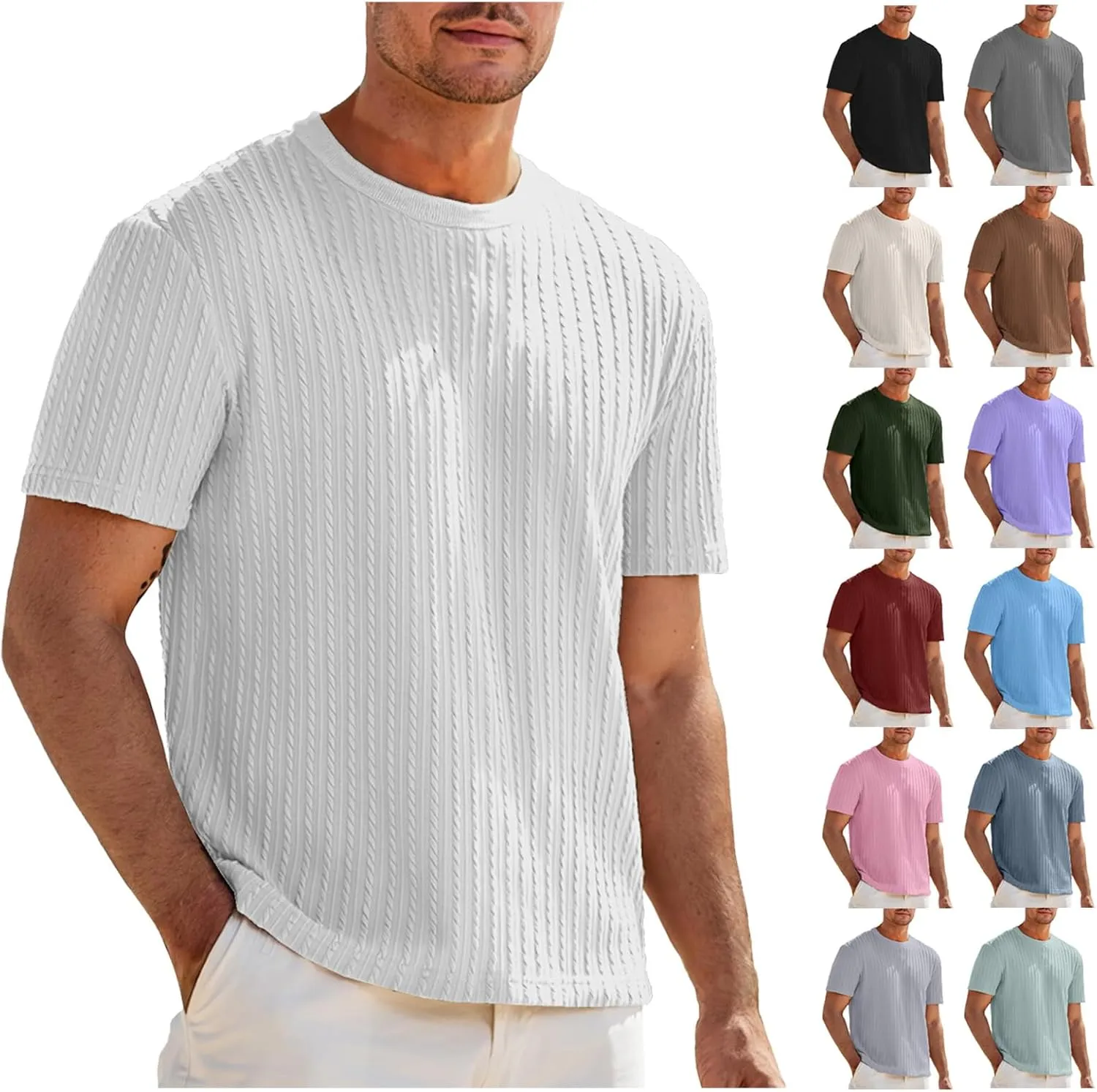 Mens Knit Striped T Shirts Short Sleeve Crewneck Stretch Ribbed Textured Shirts Casual Summer Athletic Solid Tee Tops