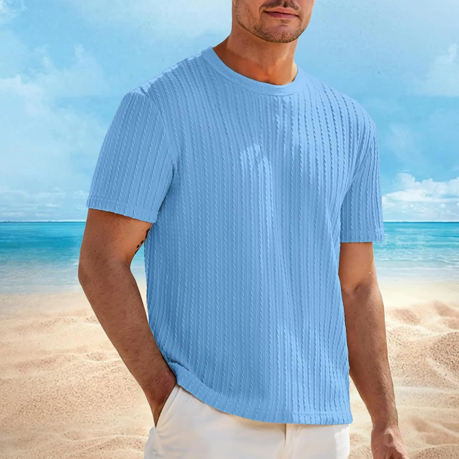 Mens Knit Striped T Shirts Short Sleeve Crewneck Stretch Ribbed Textured Shirts Casual Summer Athletic Solid Tee Tops