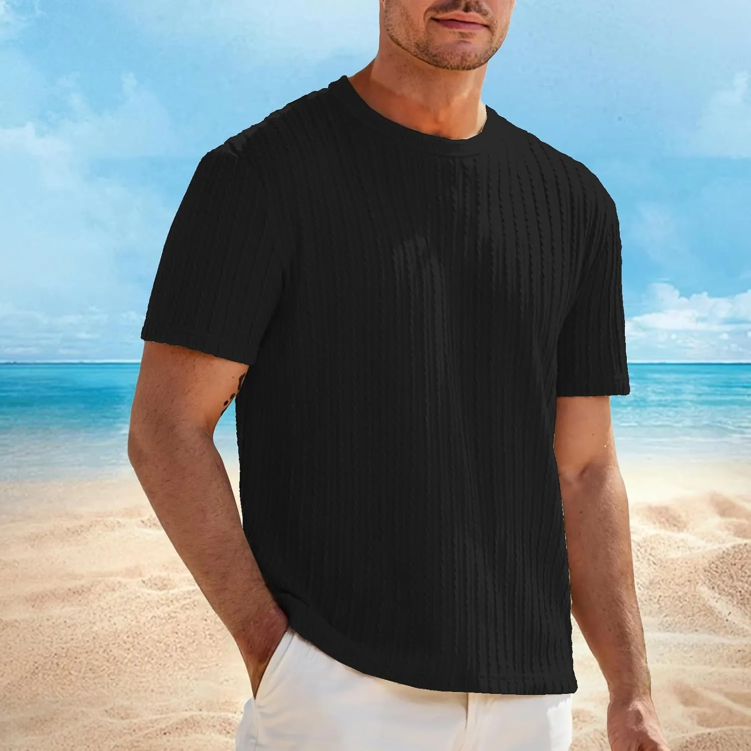 Mens Knit Striped T Shirts Short Sleeve Crewneck Stretch Ribbed Textured Shirts Casual Summer Athletic Solid Tee Tops