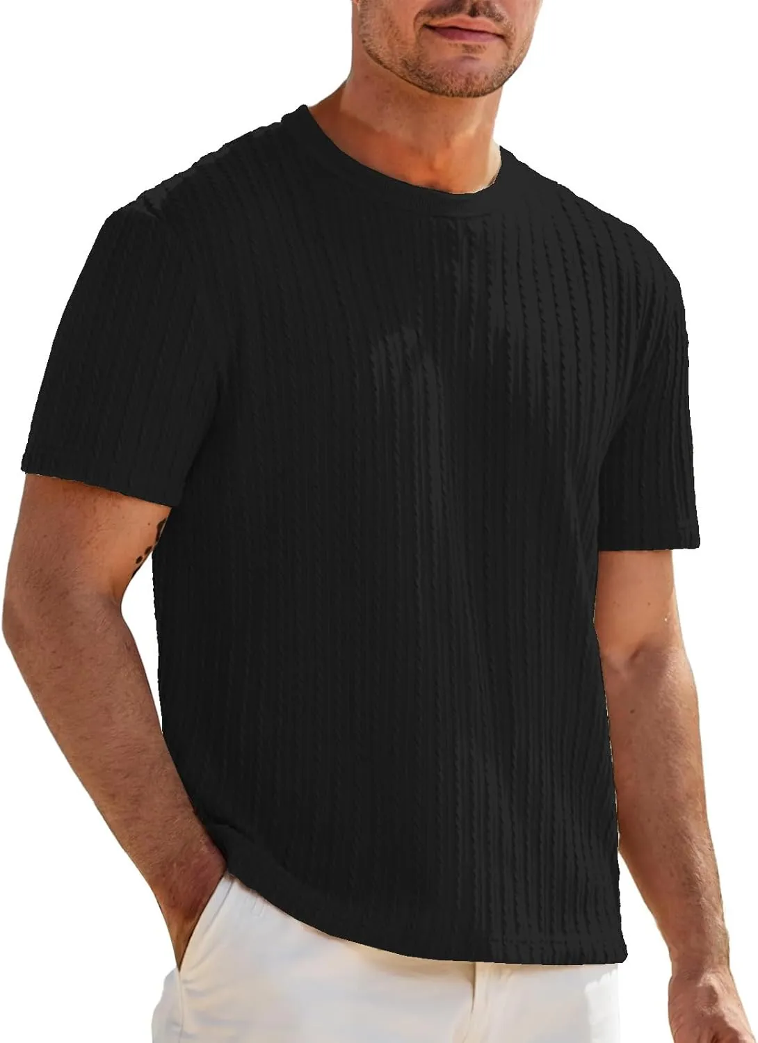 Mens Knit Striped T Shirts Short Sleeve Crewneck Stretch Ribbed Textured Shirts Casual Summer Athletic Solid Tee Tops