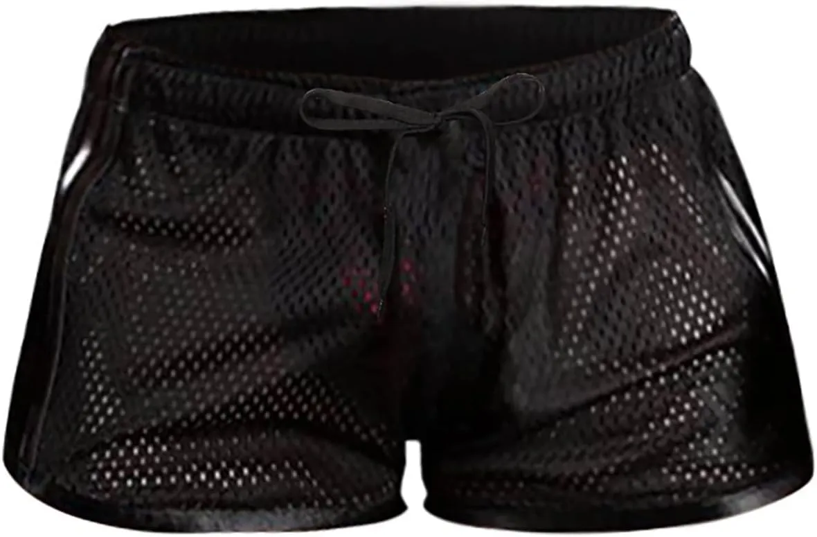 Men's Mesh Quick-Drying Booty Shorts, Sexy Side Split Drawstring Elastic Waist Workout Running Breathable Swim Trunks
