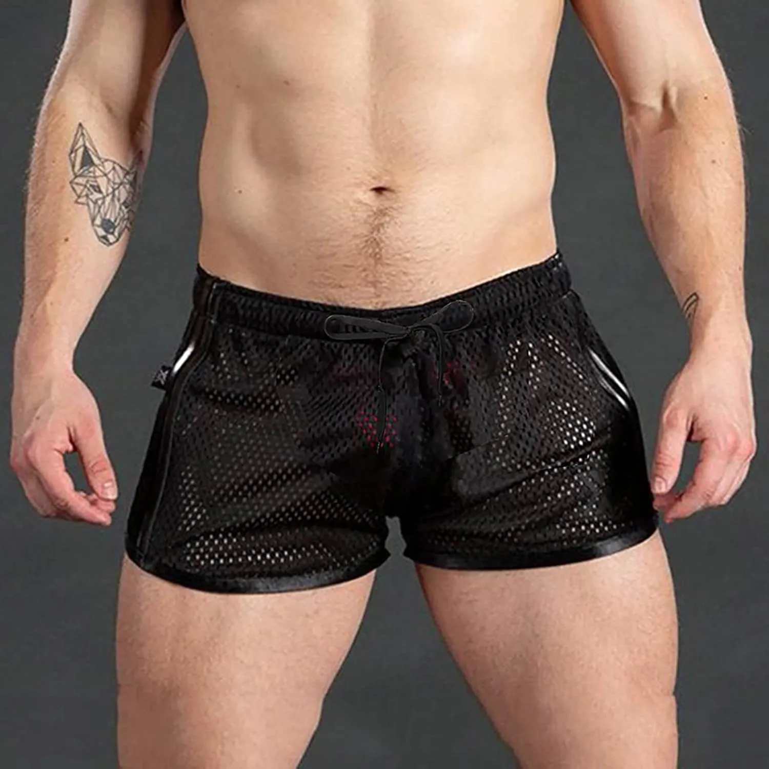 Men's Mesh Quick-Drying Booty Shorts, Sexy Side Split Drawstring Elastic Waist Workout Running Breathable Swim Trunks