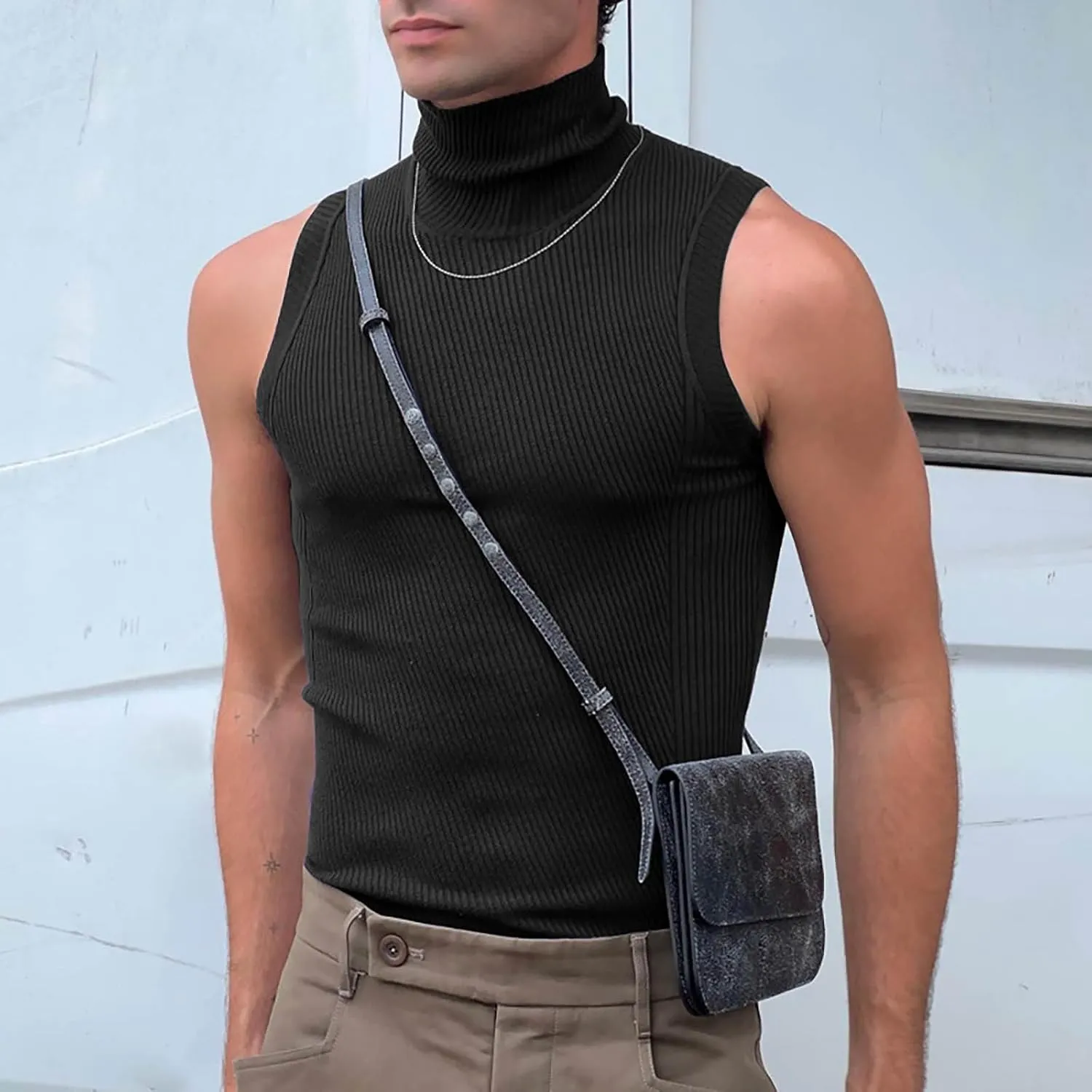 Men's Mock Turtleneck Tank Tops Ribbed Knit Slim Fit Sleeveless Vest Sport Fitness Quick Dry Workout Shirt Pullover