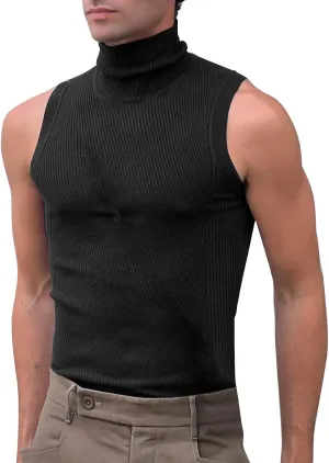 Men's Mock Turtleneck Tank Tops Ribbed Knit Slim Fit Sleeveless Vest Sport Fitness Quick Dry Workout Shirt Pullover