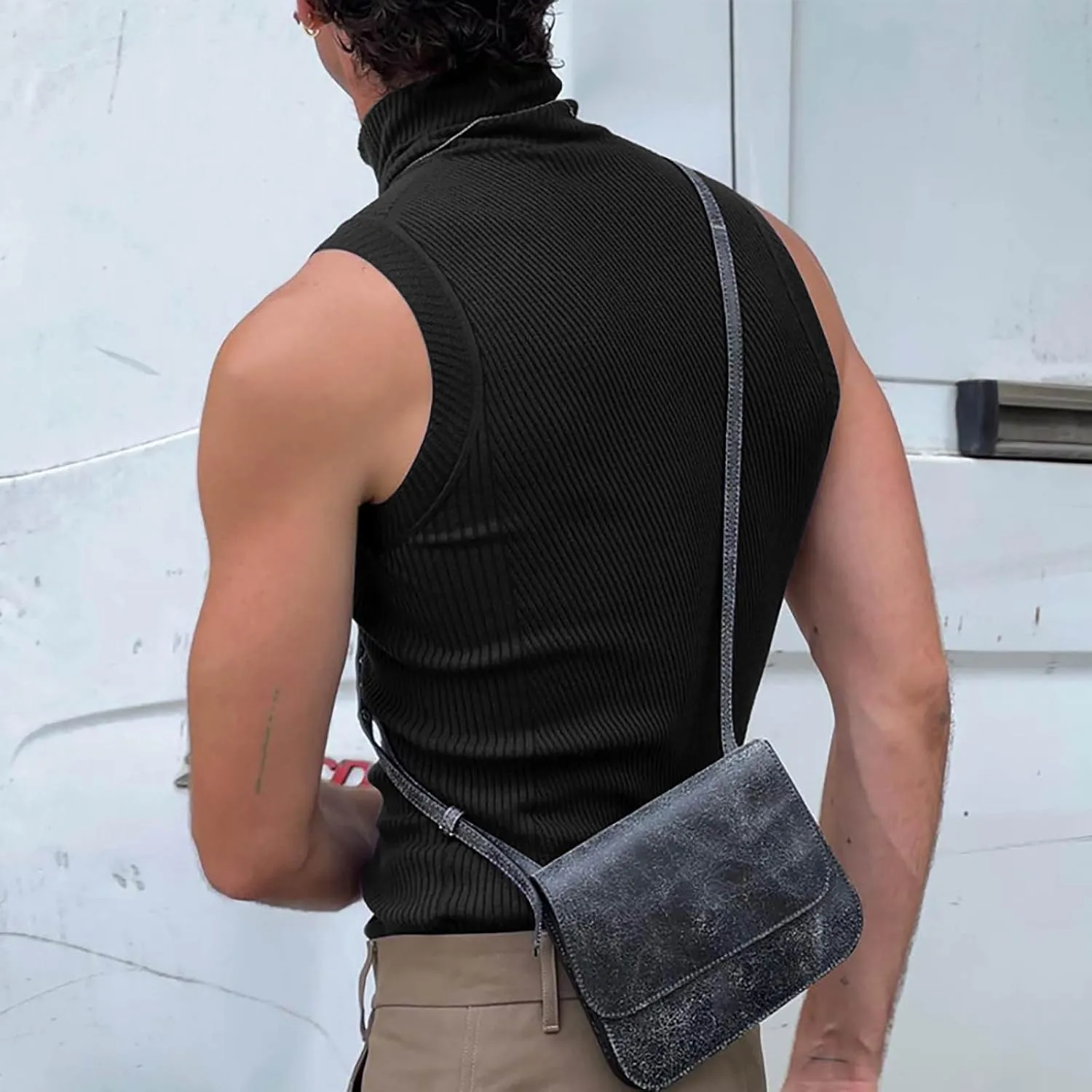 Men's Mock Turtleneck Tank Tops Ribbed Knit Slim Fit Sleeveless Vest Sport Fitness Quick Dry Workout Shirt Pullover