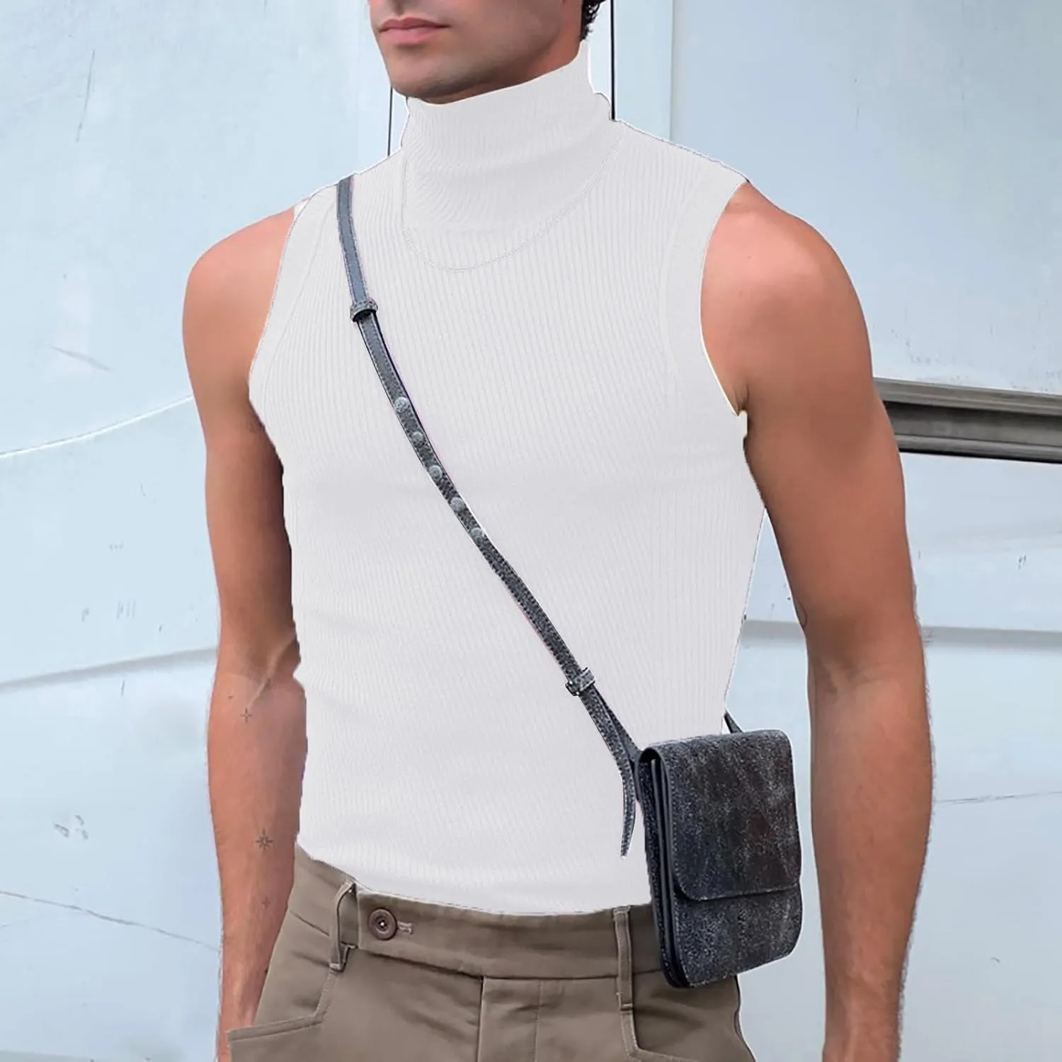 Men's Mock Turtleneck Tank Tops Ribbed Knit Slim Fit Sleeveless Vest Sport Fitness Quick Dry Workout Shirt Pullover