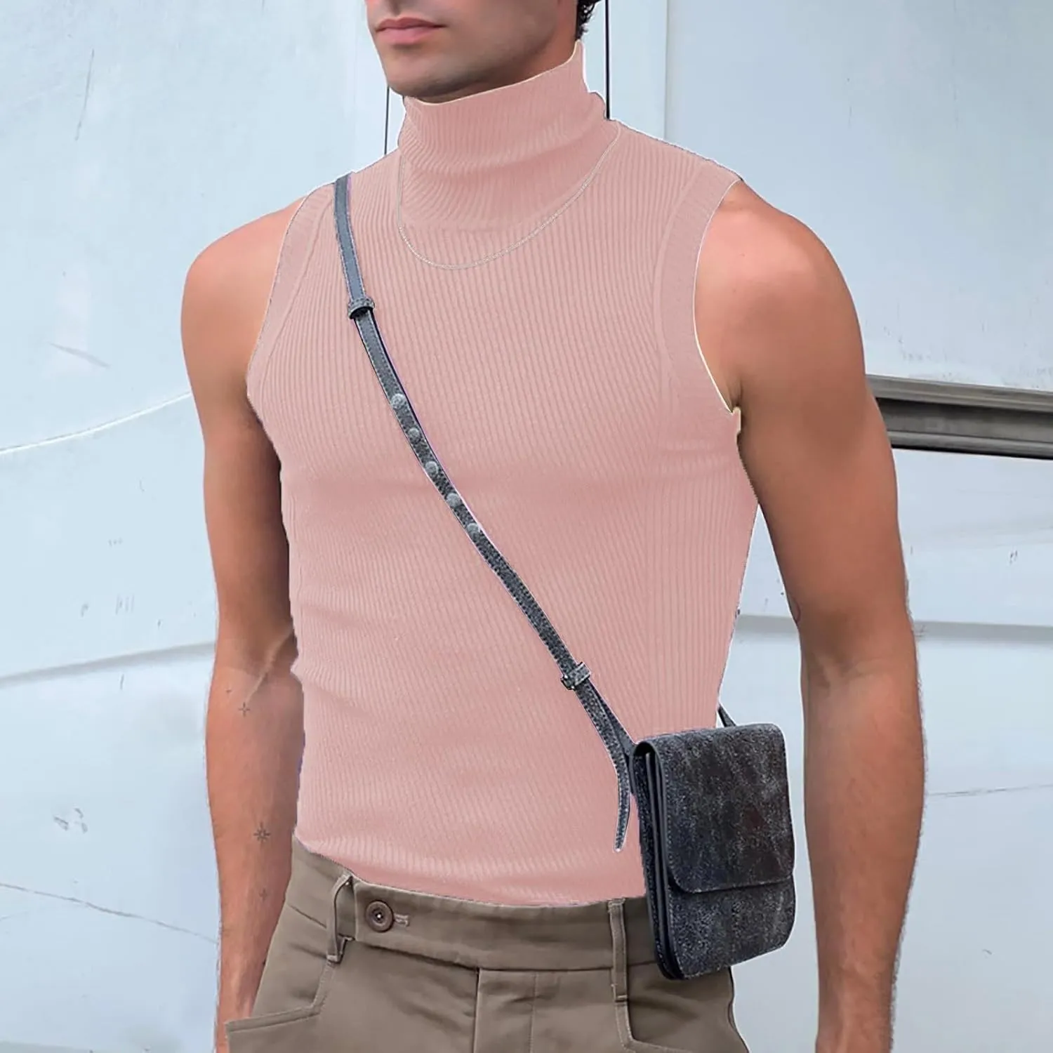 Men's Mock Turtleneck Tank Tops Ribbed Knit Slim Fit Sleeveless Vest Sport Fitness Quick Dry Workout Shirt Pullover