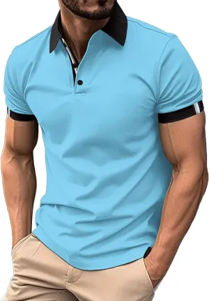 Men's Quarter Button Polo Shirts Casual Knit Short Sleeve Ribbed Polo T Shirt Classic Fit Golf Shirts Activewear Tops