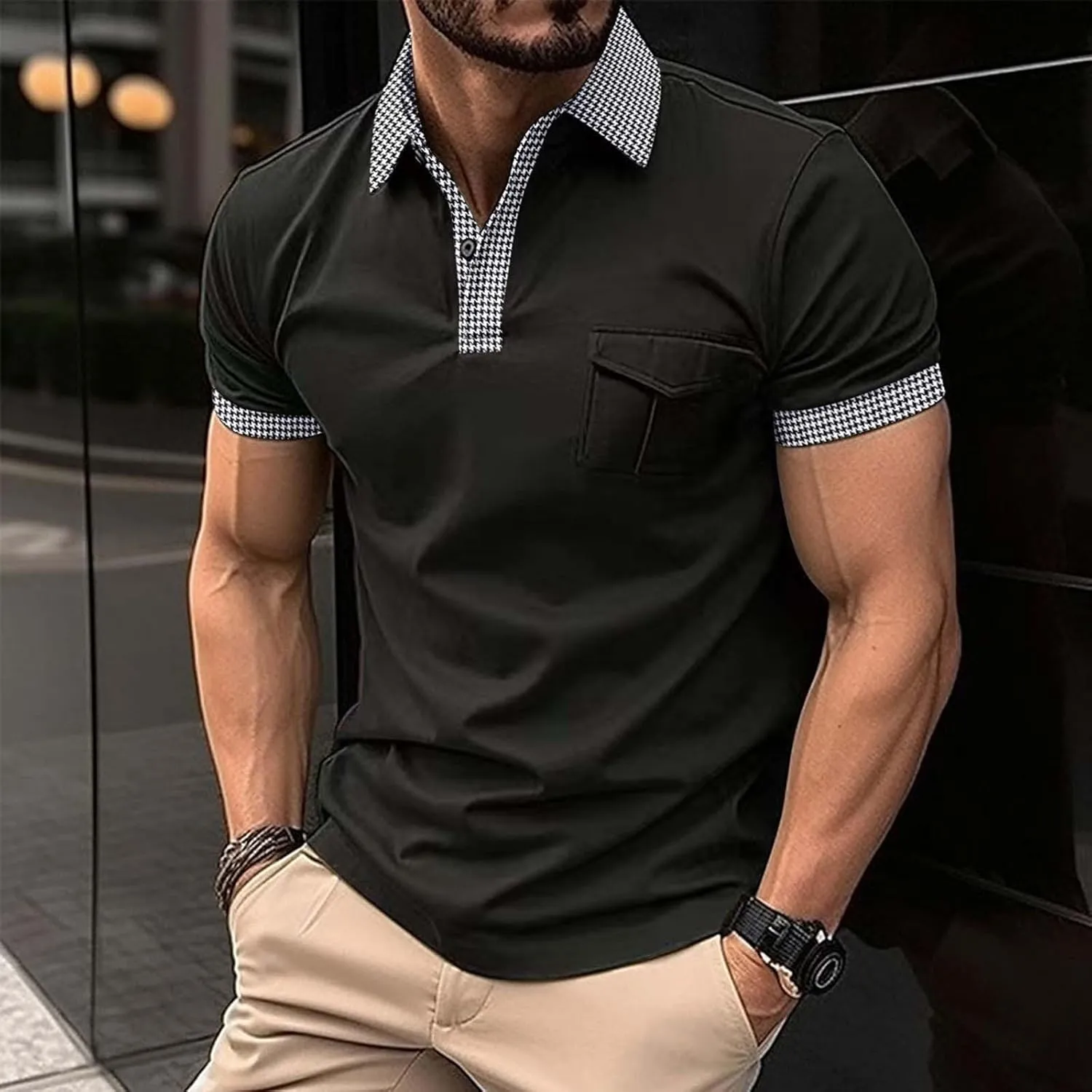 Men's Quarter Button Polo Shirts Casual Knit Short Sleeve Ribbed Polo T Shirt Classic Fit Golf Shirts Activewear Tops