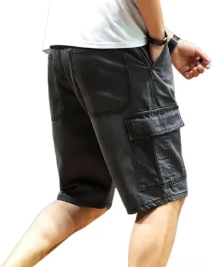 Men's Relaxed Fit High Waist Casual 4 Pocketed Hiking Outdoor Denim Shorts Cargo Shorts Vintage Drawstring Shorts