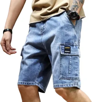 Men's Relaxed Fit High Waist Casual 4 Pocketed Hiking Outdoor Denim Shorts Cargo Shorts Vintage Drawstring Shorts