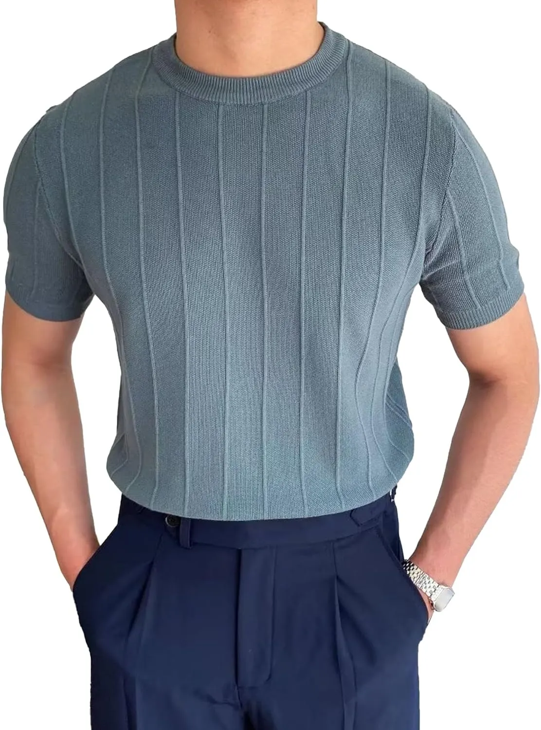 Men's Ribbed Knit T-Shirts Workout Athletic Short Sleeve Crewneck Tees Summer Casual Pullover Tops for Men