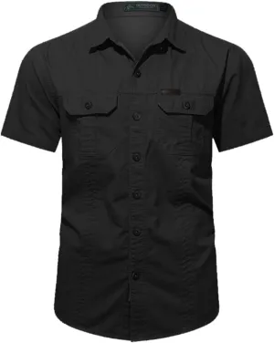 Mens Short Sleeve Cargo Work Shirt Button Down Cotton Dress Shirt Utility Outdoor Military Workout Hiking T Shirts