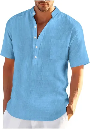 Men's T Shirts Henley Short Sleeve Cotton Linen Casual Summer Beach Shirts Men Hawaiian Vacation T-Shirts Lightweight