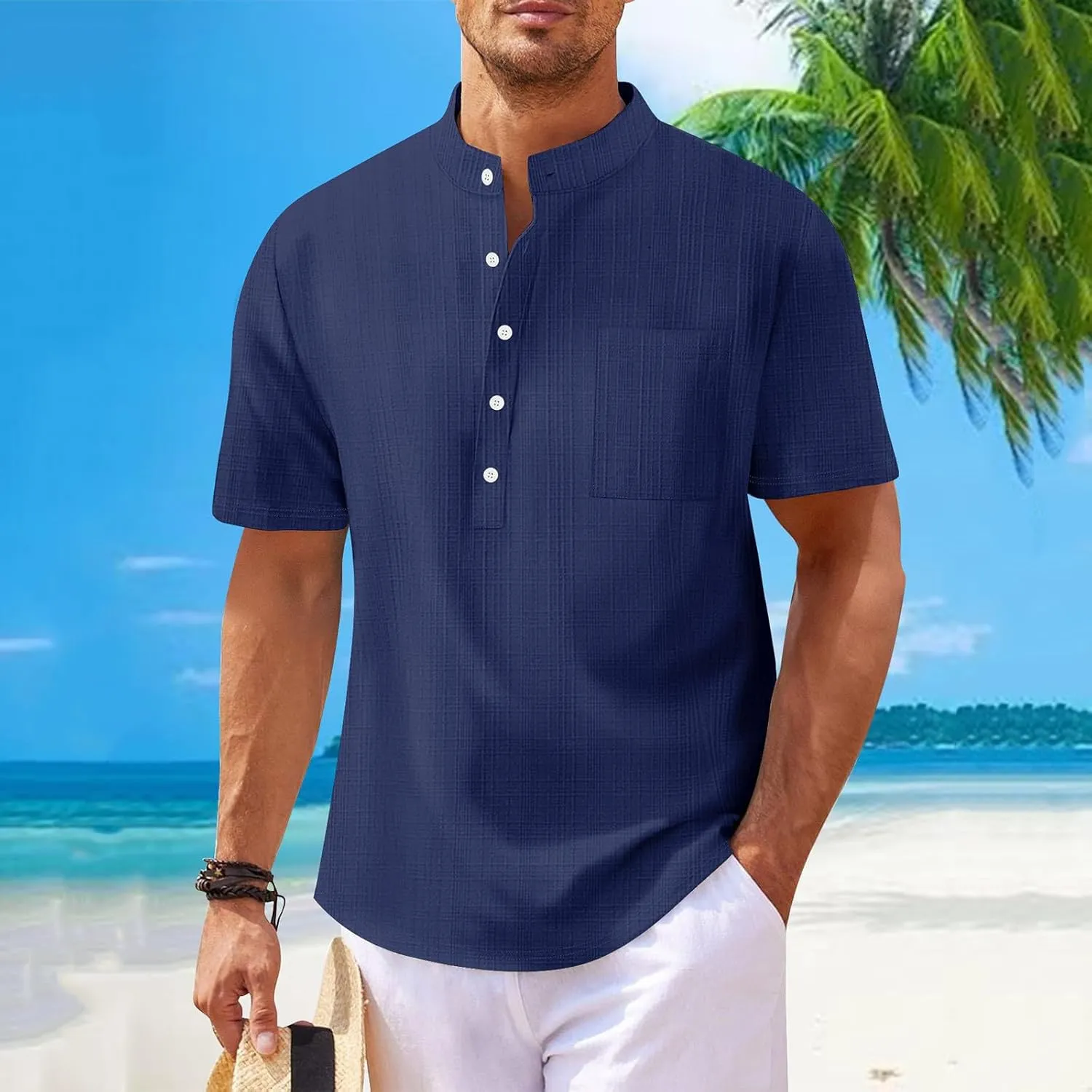 Men's T Shirts Henley Short Sleeve Cotton Linen Casual Summer Beach Shirts Men Hawaiian Vacation T-Shirts Lightweight