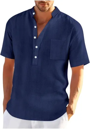 Men's T Shirts Henley Short Sleeve Cotton Linen Casual Summer Beach Shirts Men Hawaiian Vacation T-Shirts Lightweight