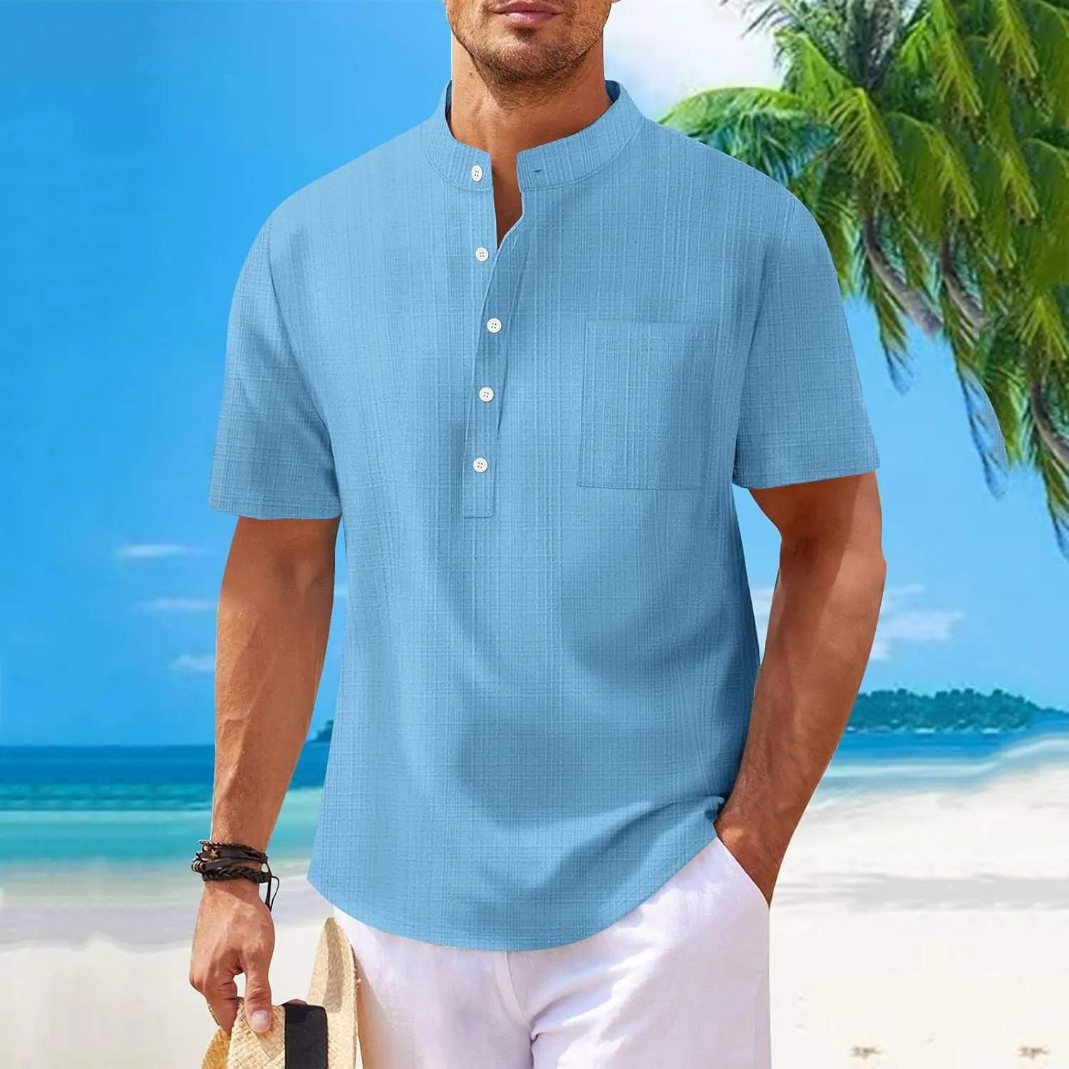 Men's T Shirts Henley Short Sleeve Cotton Linen Casual Summer Beach Shirts Men Hawaiian Vacation T-Shirts Lightweight